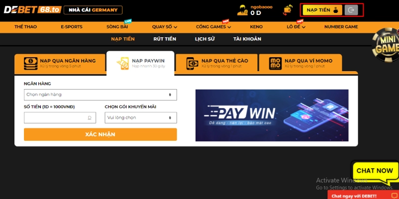 Cách nạp tiền Debet qua Paywin
