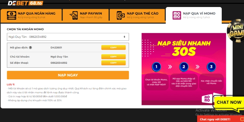 Cách nạp tiền Debet qua Momo